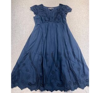 Forth & Towne Eyelet Dress Womens 4 Navy Blue Cottagecore Cap Sleeve Midi Summer
